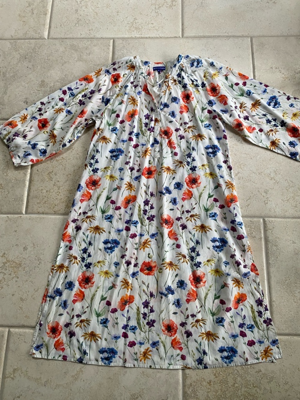 Ros Garden Floral White Cotton Dress with Multicolor Print Size XL